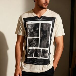 Marc Ecko Graphic V-Neck T-Shirt White Black Panel 3XL Streetwear Tee